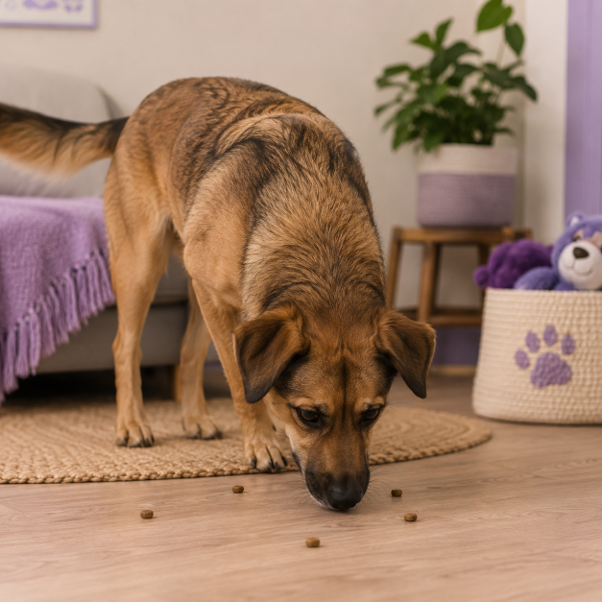 A brown dog eating scattered dry food