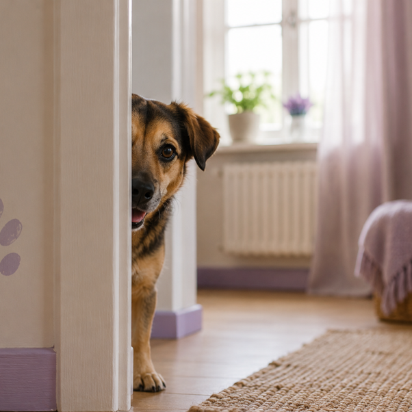 a brown dog playing hide and seek, peeping round a door frame