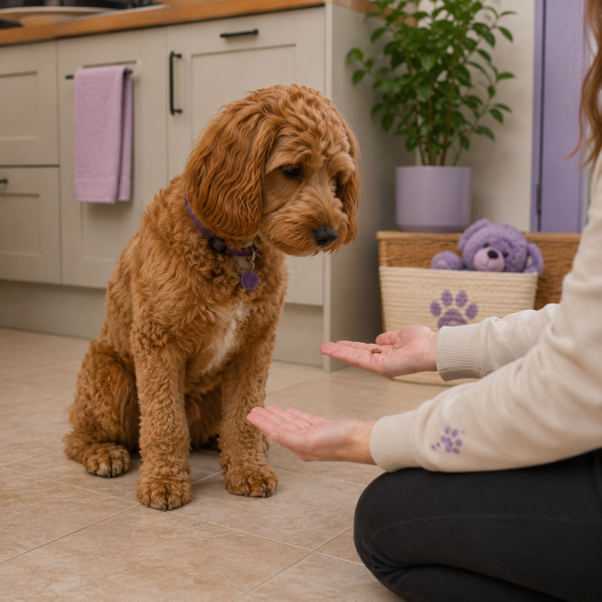 a brown poodle, looking at 2 hum hands to find the treat